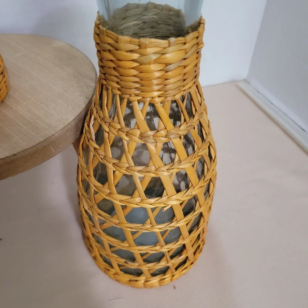 Amici Italy Set of 2 Hand Blown Recycled Glass‎ Vases Carafe Wicker Rattan Wrap